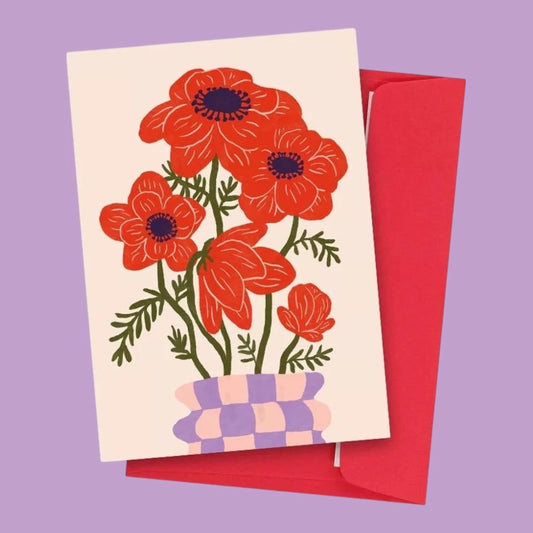 carte postale illustration anémones rouge avec enveloppe