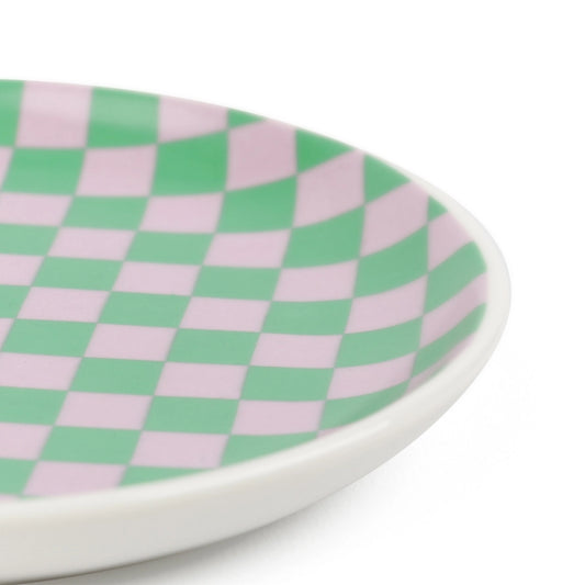 Plateau décoratif en céramique motif géométrique vert et rose