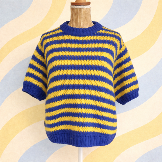 pull rayures manche courte jaune et bleu - en situation sur un buste