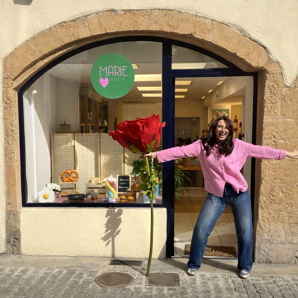 Marie la gérante du concept store Marie Moon devant sa boutique à Trévoux dans le 01600