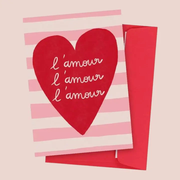 carte postale rayures rose et cœur rouge avec message "l'amour"
