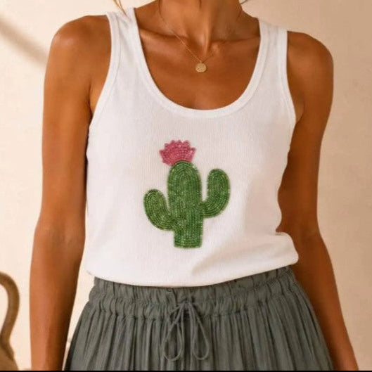 Débardeur motif cactus, porté sur un mannequin
