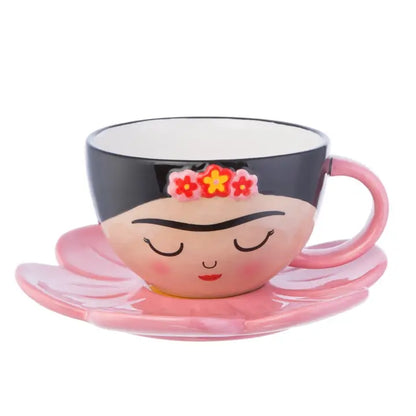 Tasse Frida Kahlo en céramique, avec sa soucoupe en forme de fleur
