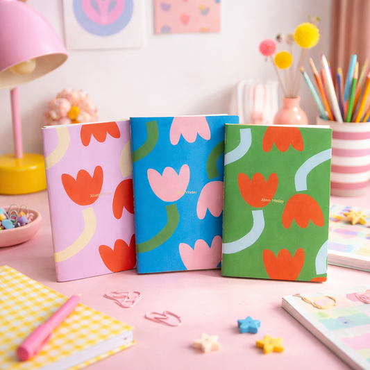 jolie cahier imprime tulipe rose vert et bleu en situation sur un bureau 