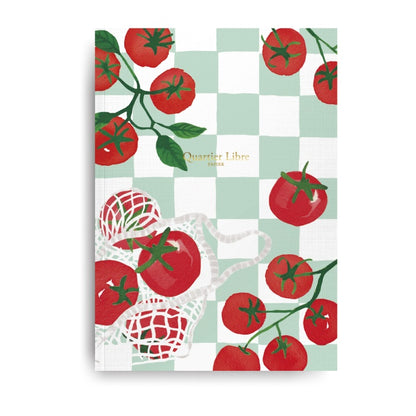 carnet A6 fabriqué en France - motif tomates et carreaux vert