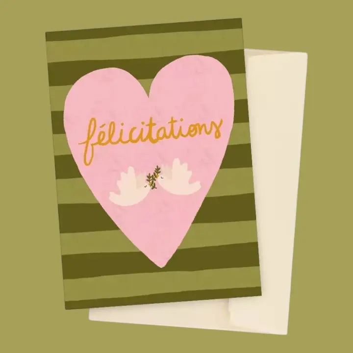 carte postale félicitations, rose et kaki avec son enveloppe