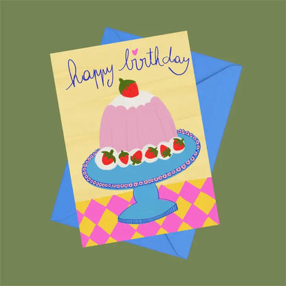 carte postale illustration charlotte aux fraises avec message "happy birthday"