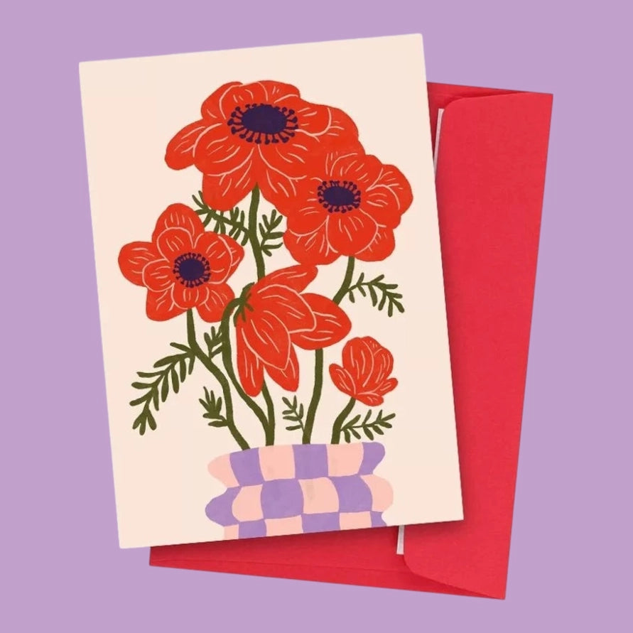 carte postale illustration anémones rouge avec enveloppe