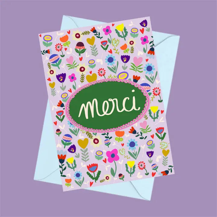 carte postale merci avec fleurs
