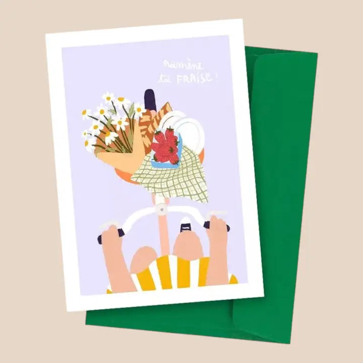 carte postale illustrée ramène ta fraise avec femme sur un vélo