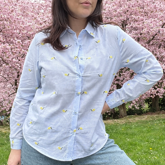 chemise broderies citrons en situation sur un mannequin