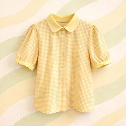 zoom sur chemise manche courte imprime vichy jaune - marie moon