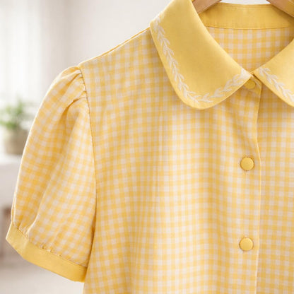 détails de la chemise manche courte imprimé vichy jaune - marie moon