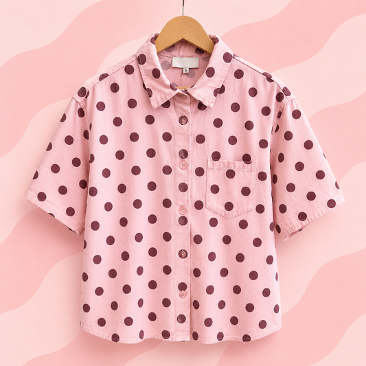 chemise manche courte rose à pois sur fond coloré