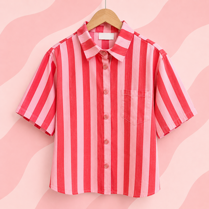 chemise manches courtes rayures rouge et rose 100% coton