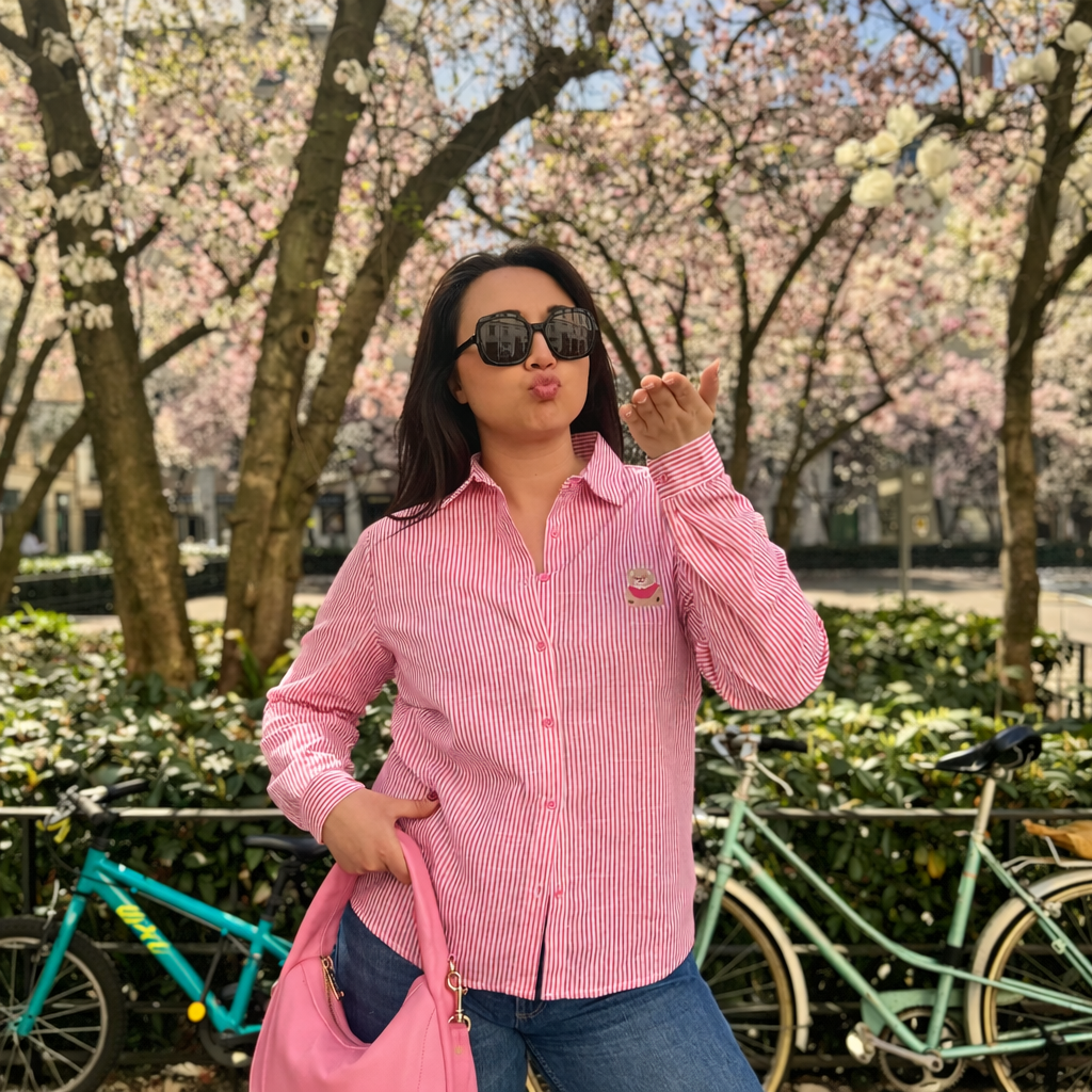 belle chemise rayée et broderie nounours en situation