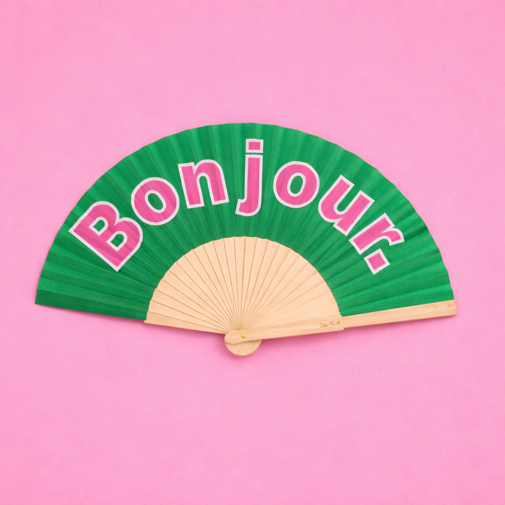 éventail coloré vert et rose avec message "BONJOUR"