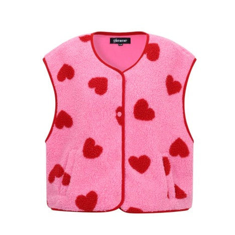 gilet sans manche moumoute cœur rouge et rose
