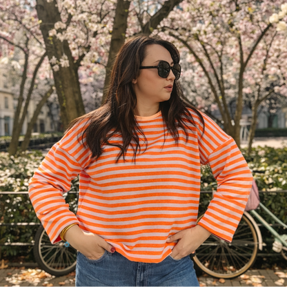 marinière orange et mauve en situation sur mannequin