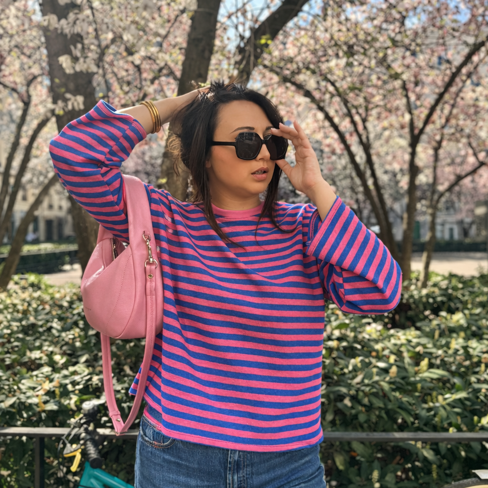 zoom sur marinière rose et bleu 1 - fabriqué en Italie 