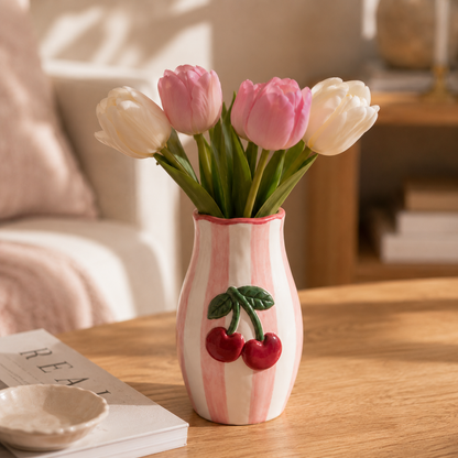 mini vase rose avec cerises en situation sur une table avec tulipes