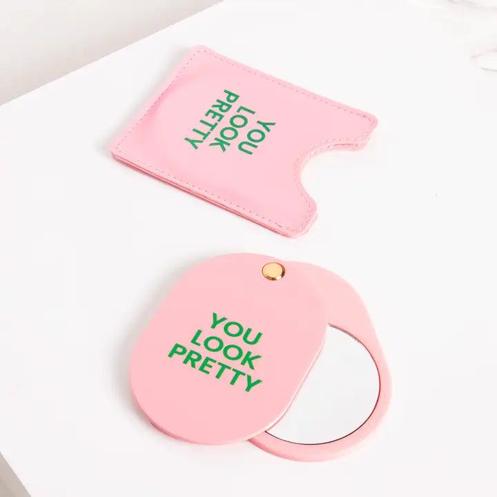 Miroir de poche rose avec inscription « you look pretty »