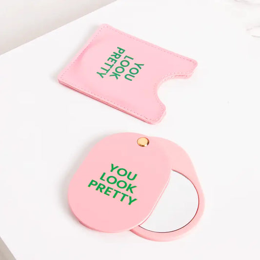 Miroir de poche rose avec inscription « you look pretty »