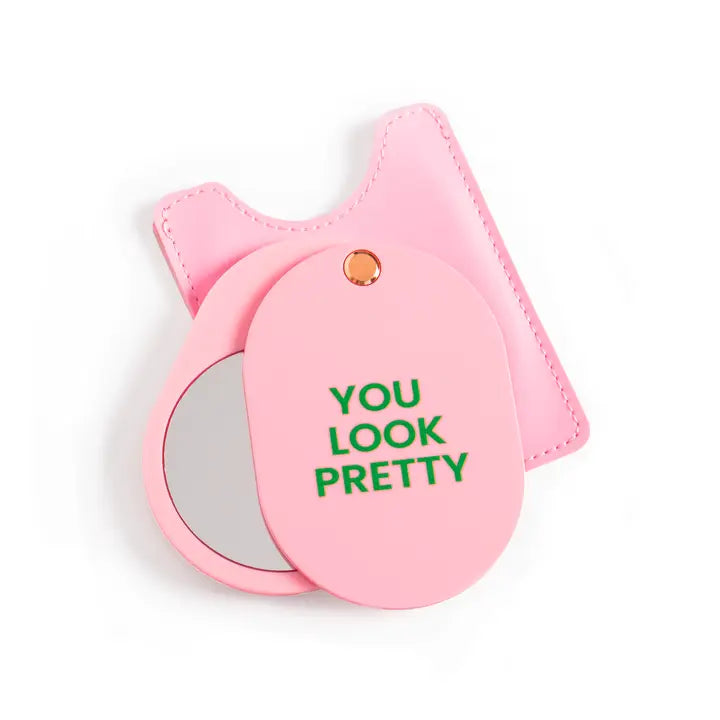 Miroir de poche rose compact avec anneau et message you look pretty