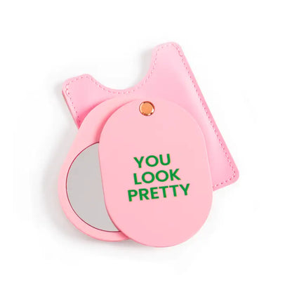 Miroir de poche rose compact avec anneau et message you look pretty