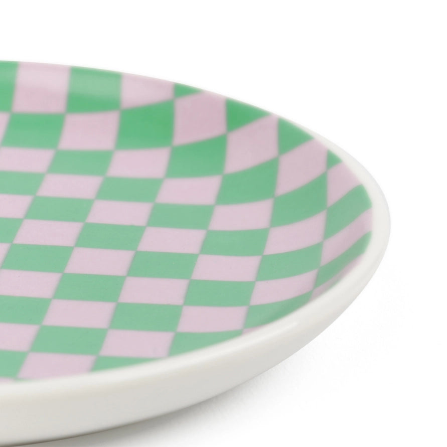 Plateau décoratif en céramique motif géométrique vert et rose