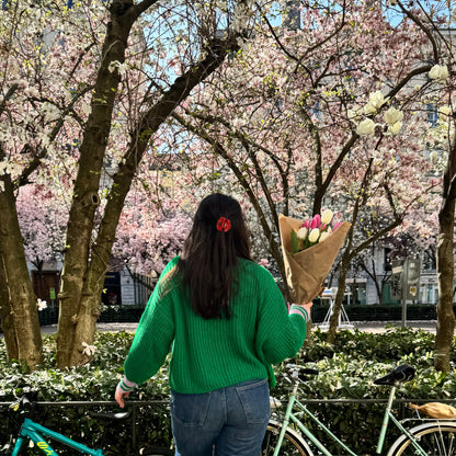 pull col V vert et mauve vu de dos 