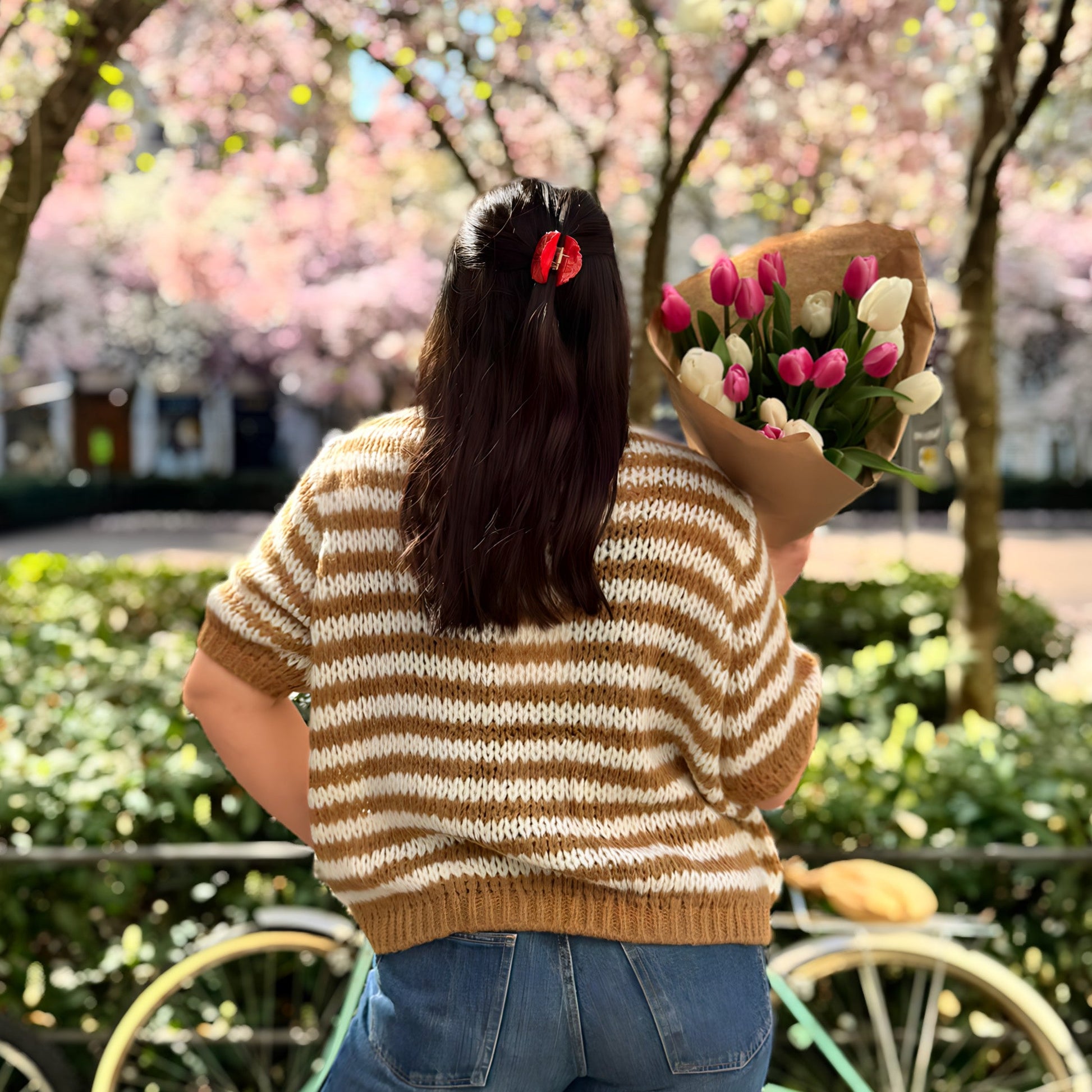 pull a rayures manche courte marron et écru - fabriqué en Italie 