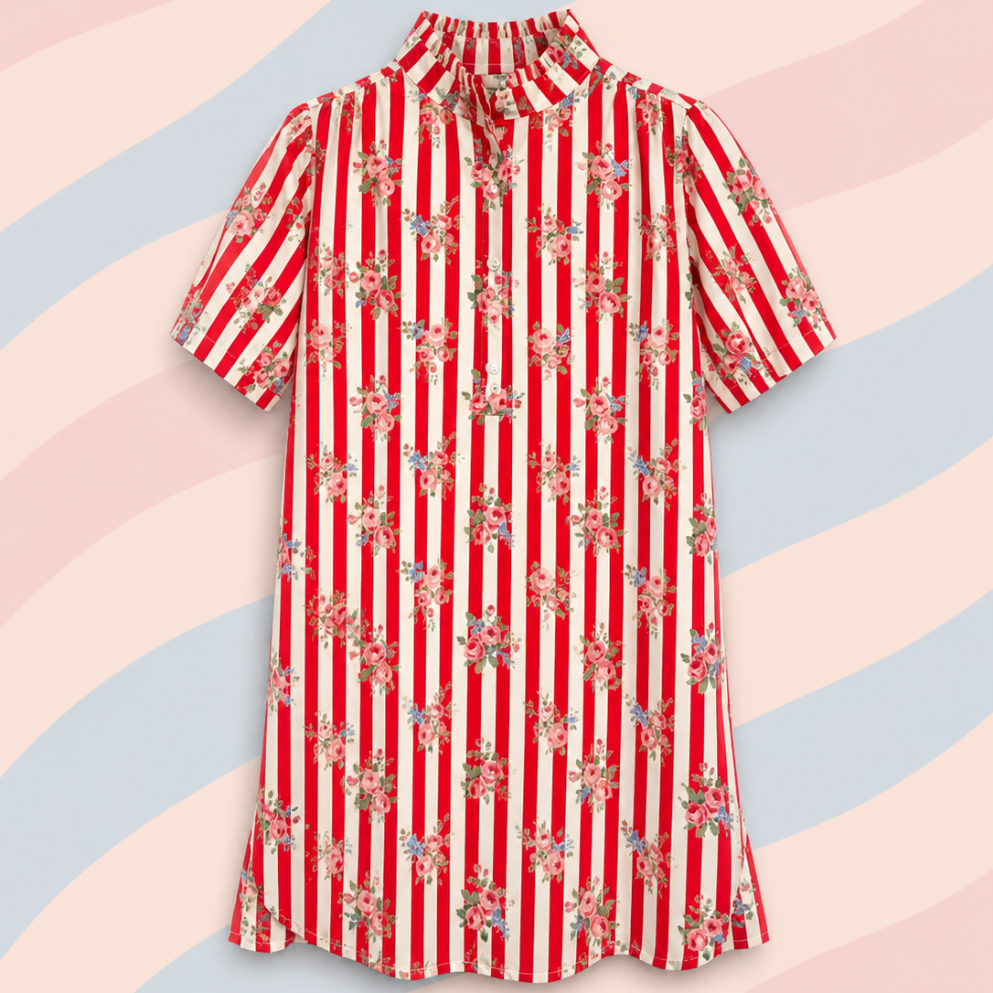 robe d'été rayures rouge 100% coton avec col montant 
