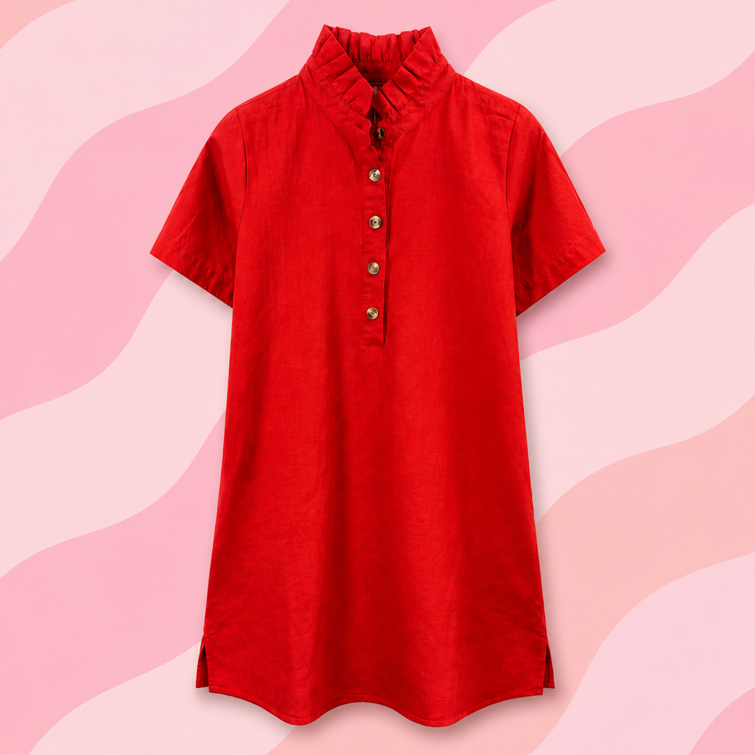 robe d'été rouge avec col volanté 