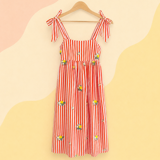 robe d'été à rayures rouge et broderies citrons