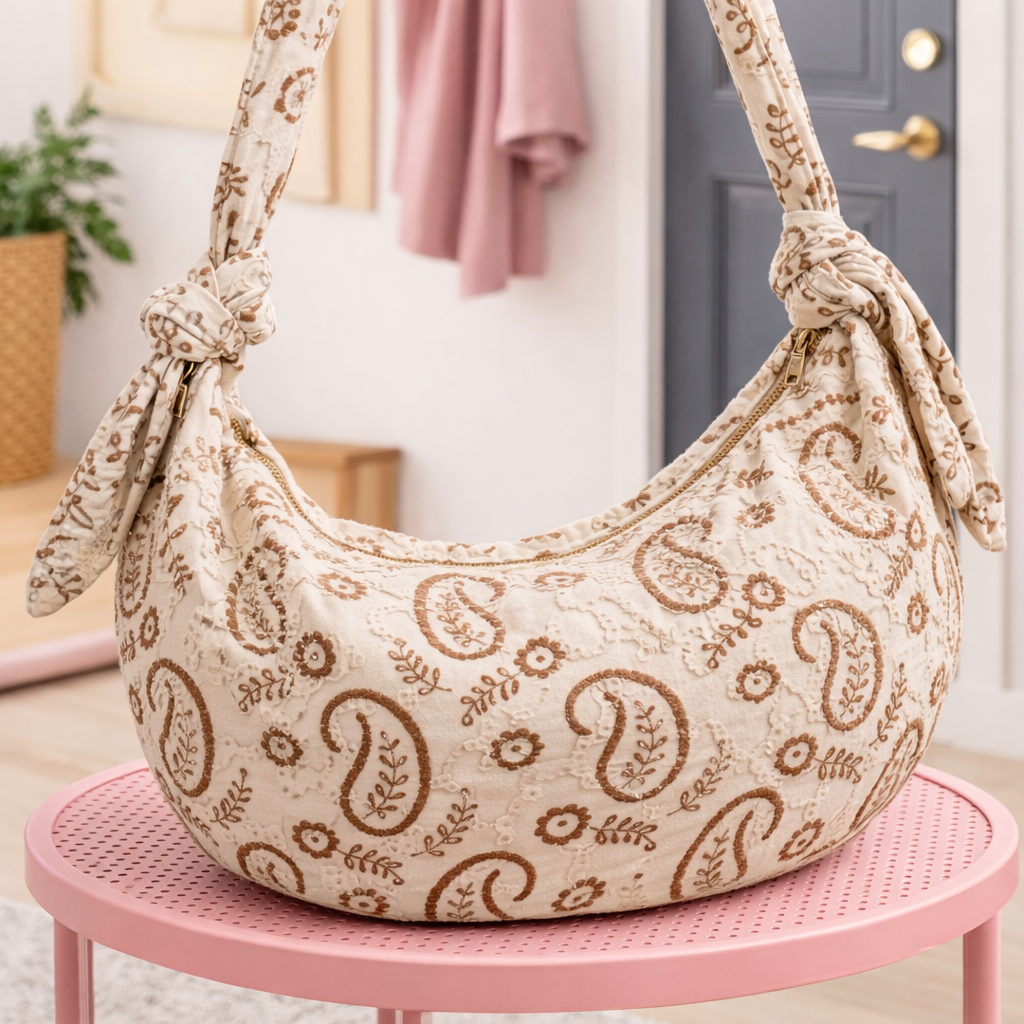 sac bandoulière imprimé paisley beige posé sur une table