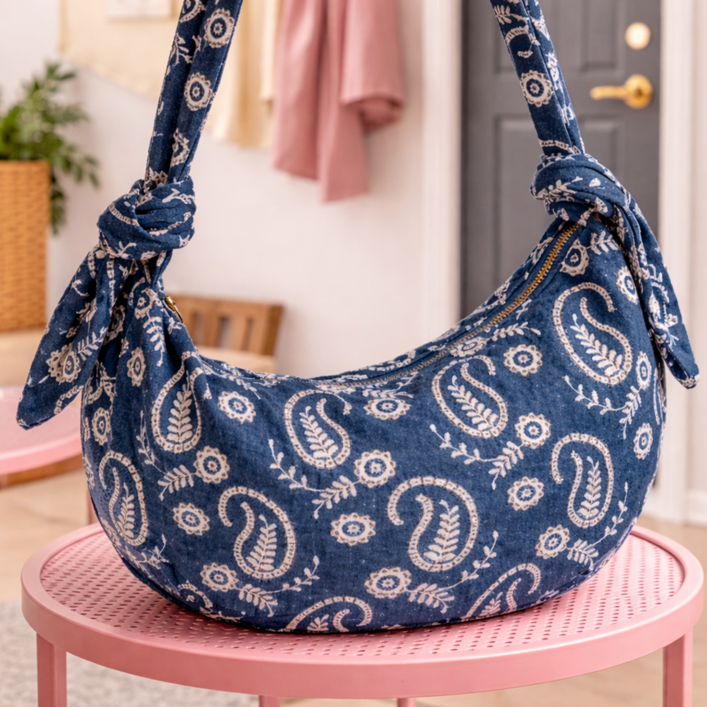 sac bandoulière imprimé paisley couleur bleu jean, posé sur une table