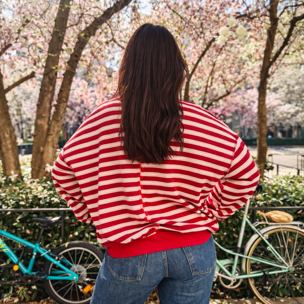 sweat rayures rouge over size porté sur mannequin