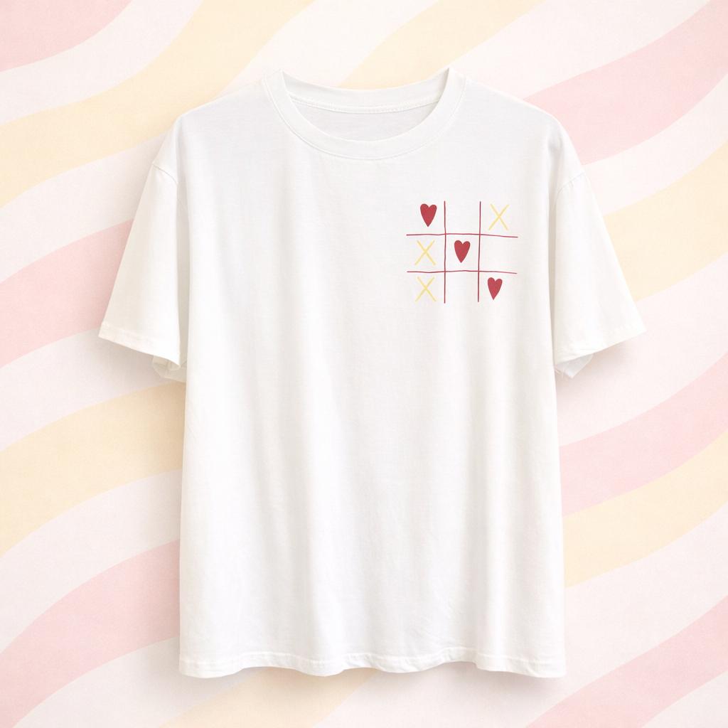 détail t-shirt imprimé jeux morpion avec cœurs rouge