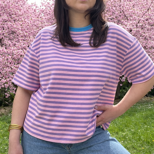 T-shirt rayures mauve et col bleu fabriqué en Italie - MARIE MOON 