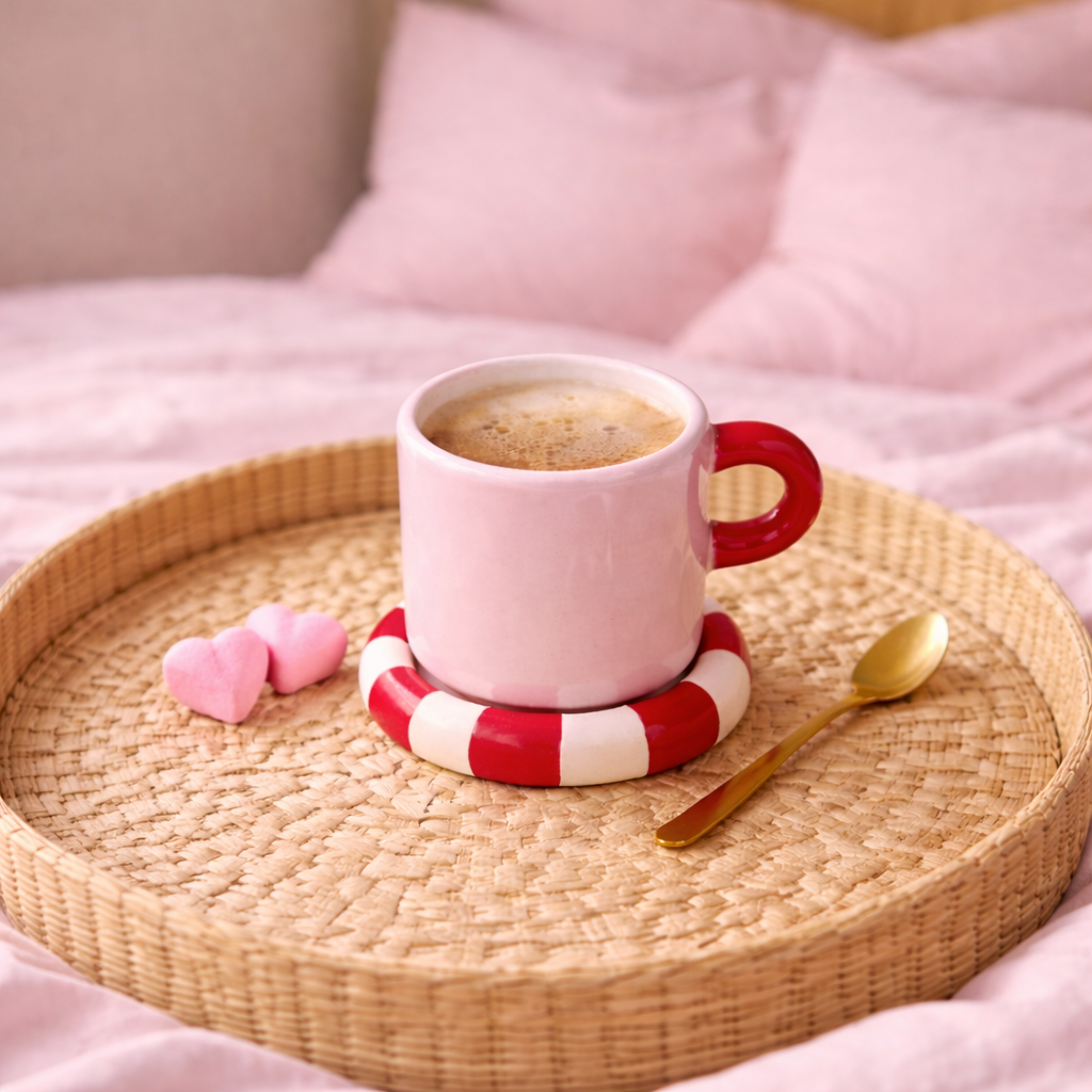 tasse love en situation sur un lit