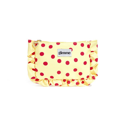 trousse maquillage à pois jaune et framboise