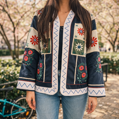 zoom sur veste bleu kimono brodée a la main